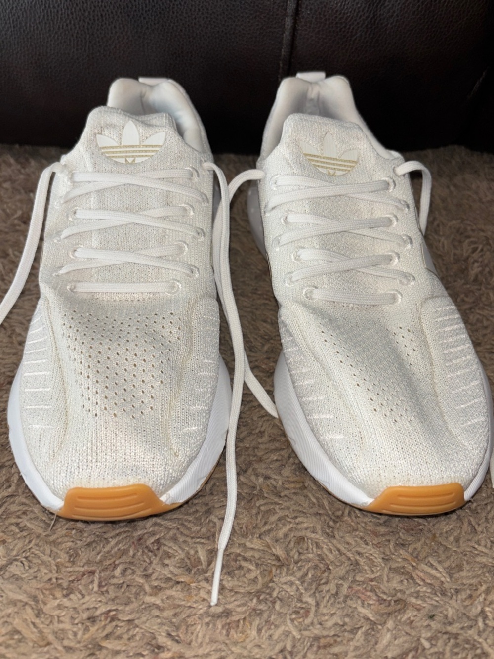 adidas White Knit Sneakers with Gum Toe Accents
